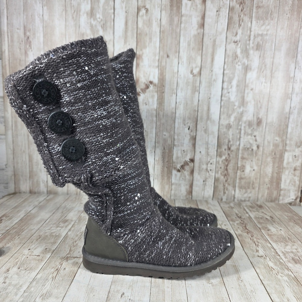 UGG Sequin Button‎ Tall Boots Sparkle Glitter Knit Gray Women's Size 6